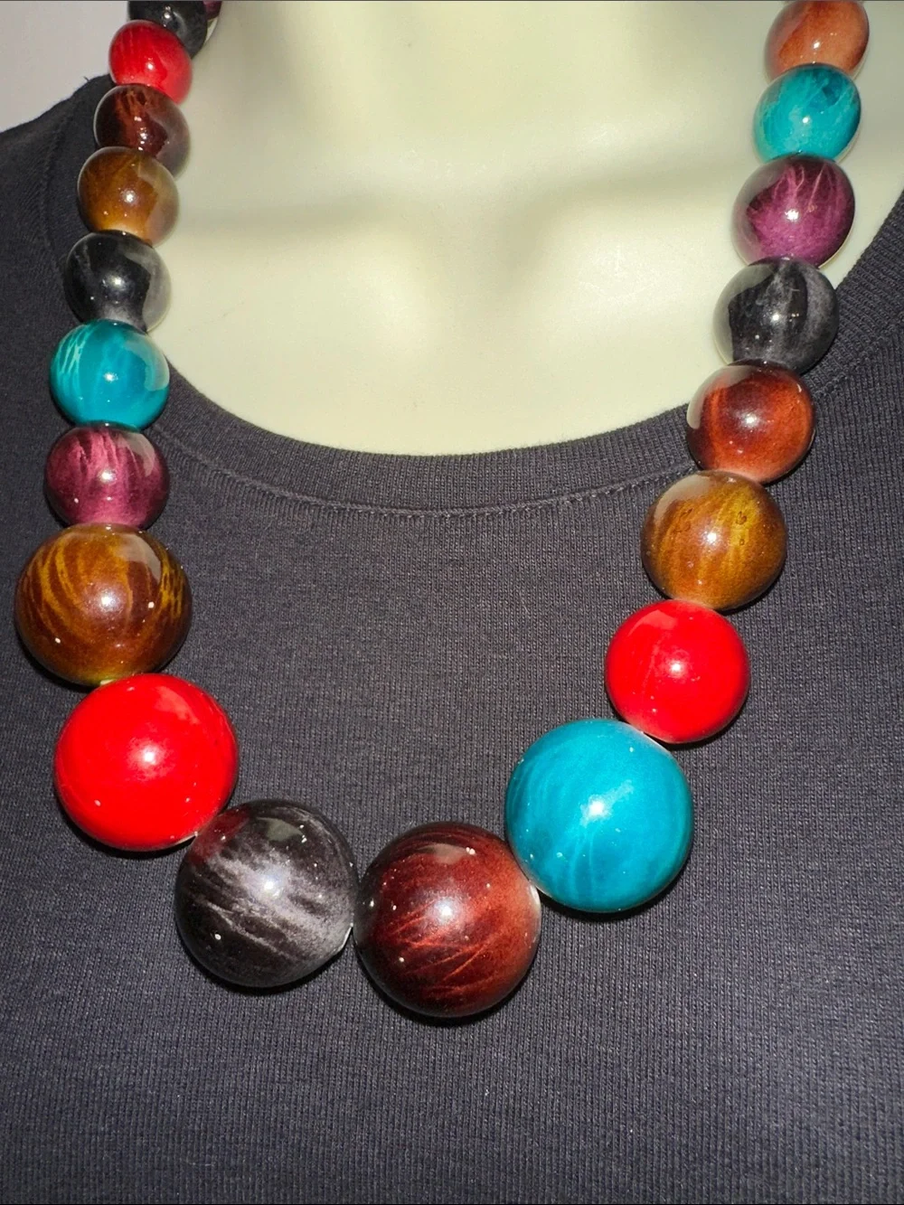 Multicolor Chunky Beaded Statement Necklace - Turquoise, Red, Brown, Purple